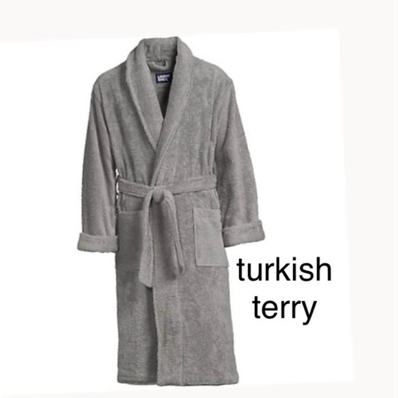 🔥🎄🎅LANDSEND Big Men's Calf Length Turkish Terry Robe 100% Cotton Gray - Picture 2 of 2